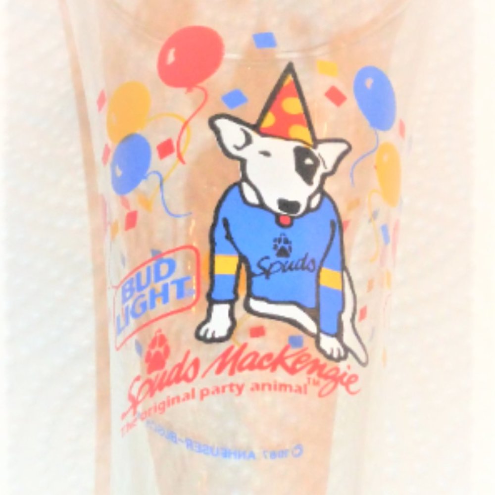 1987 BUD Light BEER Glass Anheuser Busch Inc. Spuds MacKenzie Party Animal